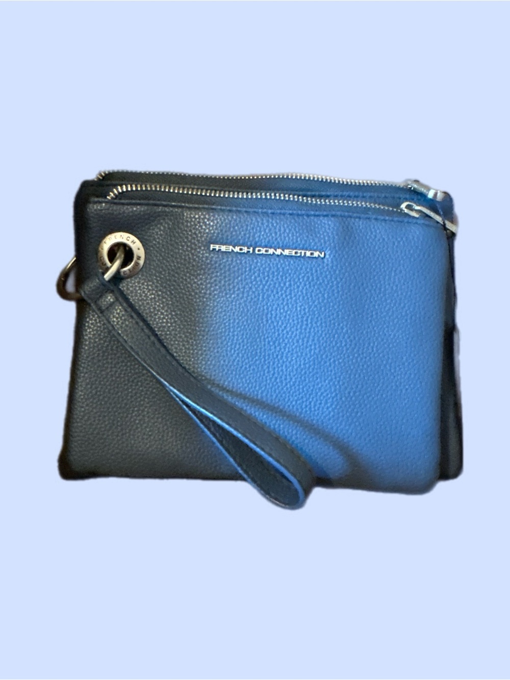 French Connection Navy Leather Wristlet Clutch with Dual Zips